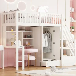 Enfant Redom Lit superposé 90x200 cm avec armoire et bureau intégrés, escalier tiroirs en bois massif blanc, gain de place