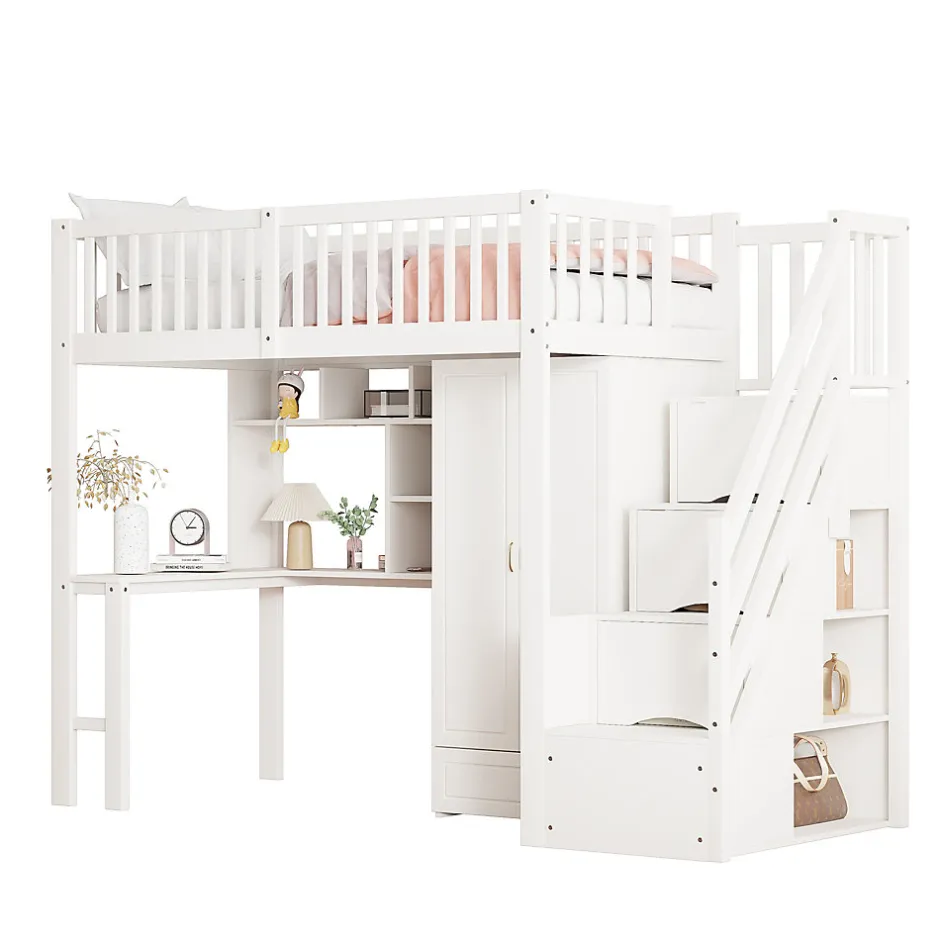 Enfant Redom Lit superposé 90x200 cm avec armoire et bureau intégrés, escalier tiroirs en bois massif blanc, gain de place