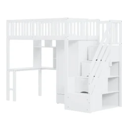 Enfant Redom Lit superposé 90x200 cm avec armoire et bureau intégrés, escalier tiroirs en bois massif blanc, gain de place