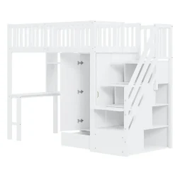 Enfant Redom Lit superposé 90x200 cm avec armoire et bureau intégrés, escalier tiroirs en bois massif blanc, gain de place