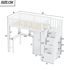 Enfant Redom Lit superposé 90x200 cm avec armoire et bureau intégrés, escalier tiroirs en bois massif blanc, gain de place