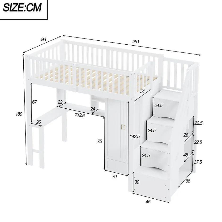 Enfant Redom Lit superposé 90x200 cm avec armoire et bureau intégrés, escalier tiroirs en bois massif blanc, gain de place
