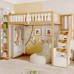 Enfant Redom Lit superposé 90x200 cm avec armoire intégrée et échelle à tiroirs en bois massif, blanc et bois naturel