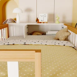 Enfant Redom Lit superposé 90x200 cm avec armoire intégrée et échelle à tiroirs en bois massif, blanc et bois naturel