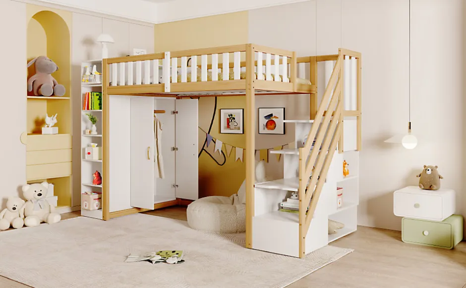 Enfant Redom Lit superposé 90x200 cm avec armoire intégrée et échelle à tiroirs en bois massif, blanc et bois naturel