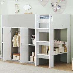 Enfant Redom Lit superposé 90x200 cm avec armoire, étagères et échelle intégrée, structure bois massif gris