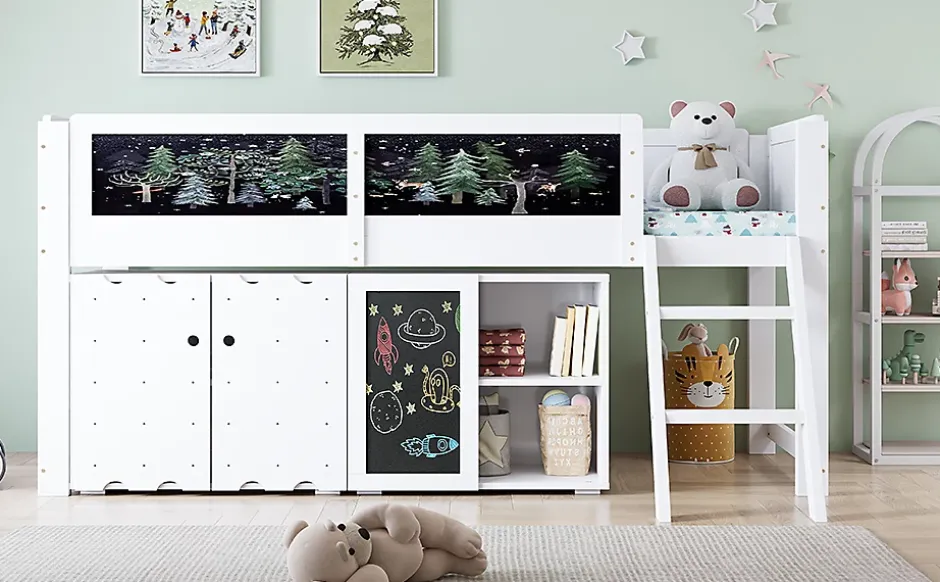 Redom Lit superposé 90x200 cm avec armoire 2 portes, tableau à craie et échelle inclinée en pin/MDF Best