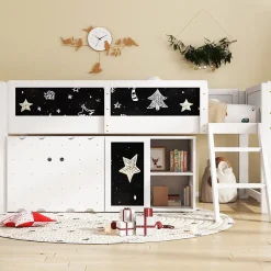 Redom Lit superposé 90x200 cm avec armoire 2 portes, tableau à craie et échelle inclinée en pin/MDF Best