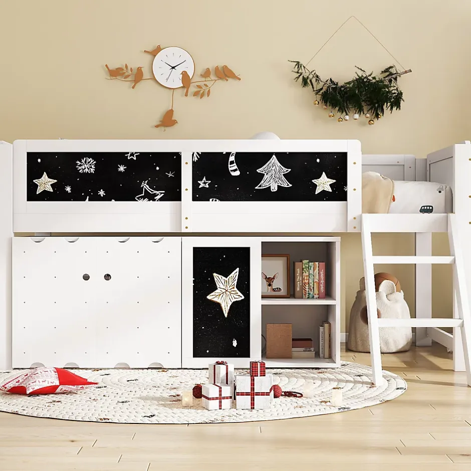 Redom Lit superposé 90x200 cm avec armoire 2 portes, tableau à craie et échelle inclinée en pin/MDF Best