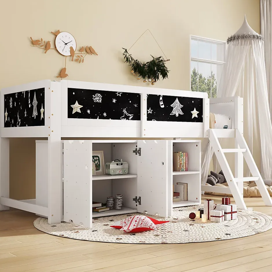Redom Lit superposé 90x200 cm avec armoire 2 portes, tableau à craie et échelle inclinée en pin/MDF Best