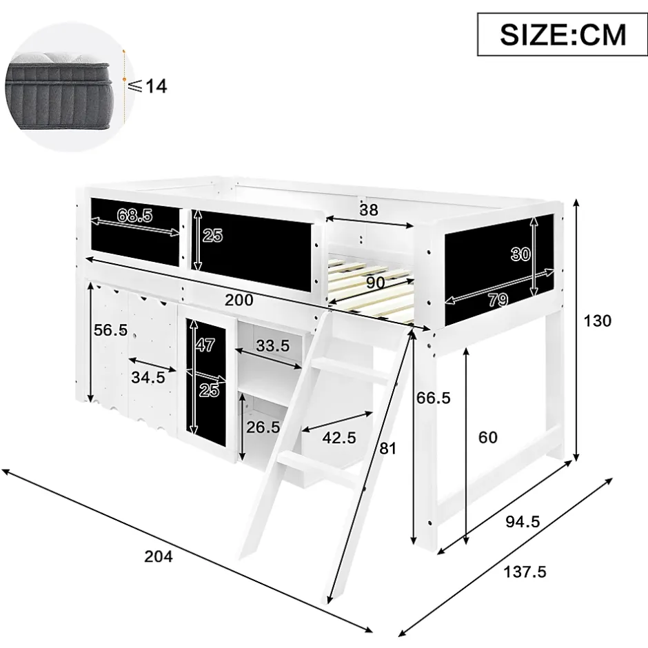 Redom Lit superposé 90x200 cm avec armoire 2 portes, tableau à craie et échelle inclinée en pin/MDF Best