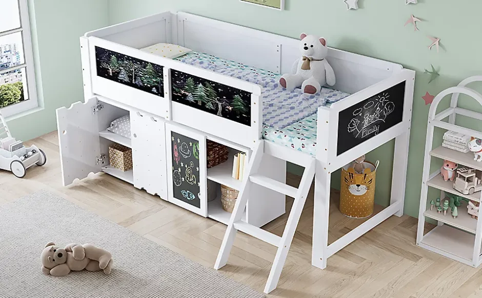 Redom Lit superposé 90x200 cm avec armoire 2 portes, tableau à craie et échelle inclinée en pin/MDF Best