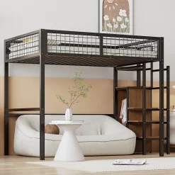Enfant Redom Lit superposé 140x200 cm avec armoire intégrée et échelle sécurisée, structure métal noir
