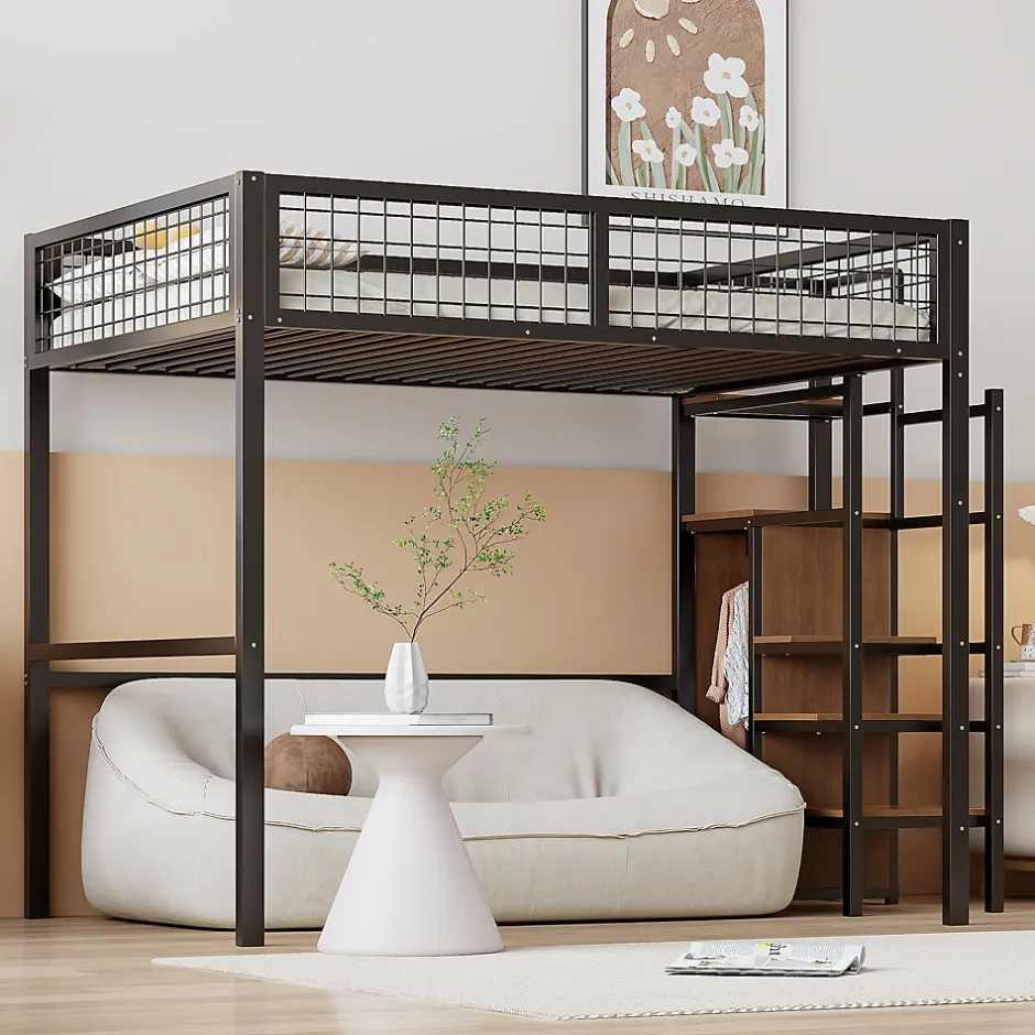 Enfant Redom Lit superposé 140x200 cm avec armoire intégrée et échelle sécurisée, structure métal noir