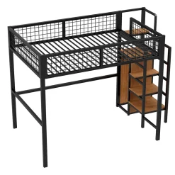 Enfant Redom Lit superposé 140x200 cm avec armoire intégrée et échelle sécurisée, structure métal noir