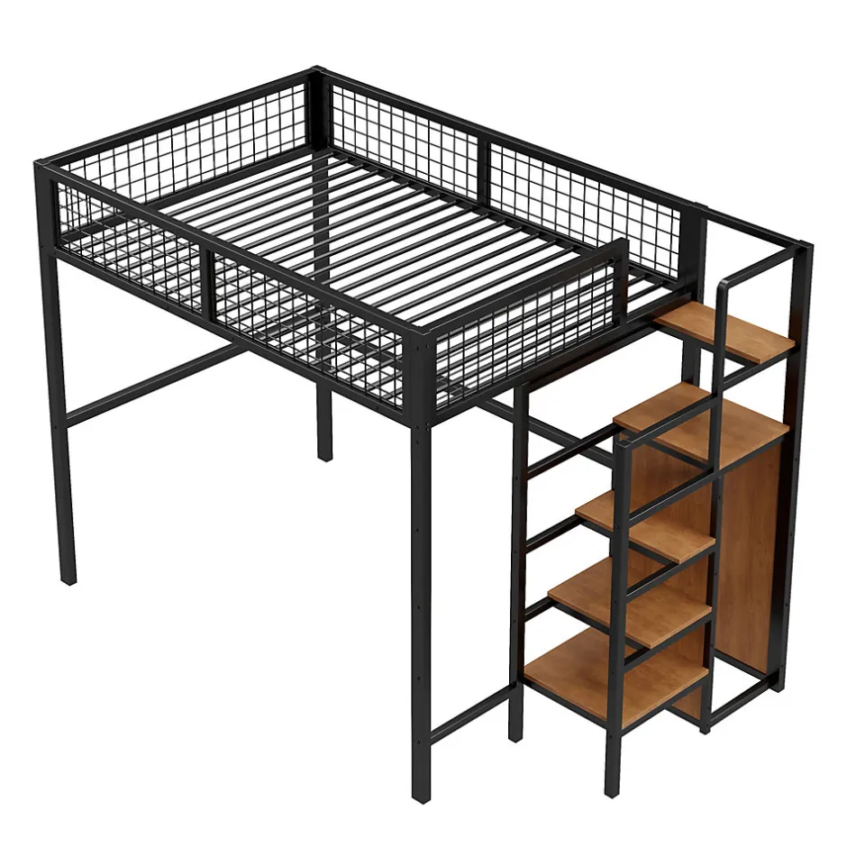Enfant Redom Lit superposé 140x200 cm avec armoire intégrée et échelle sécurisée, structure métal noir