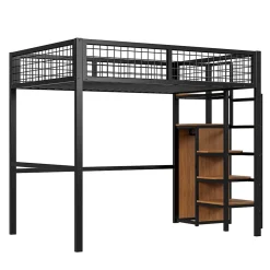 Enfant Redom Lit superposé 140x200 cm avec armoire intégrée et échelle sécurisée, structure métal noir