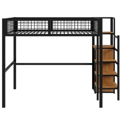 Enfant Redom Lit superposé 140x200 cm avec armoire intégrée et échelle sécurisée, structure métal noir
