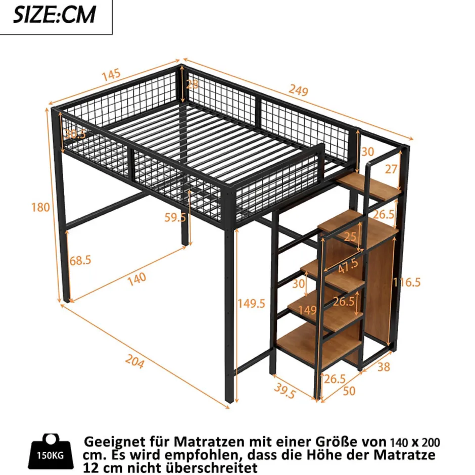 Enfant Redom Lit superposé 140x200 cm avec armoire intégrée et échelle sécurisée, structure métal noir