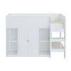 Redom Lit superposé 90x200 cm avec armoire et étagères intégrées, échelle incluse, structure en bois massif blanc et gris