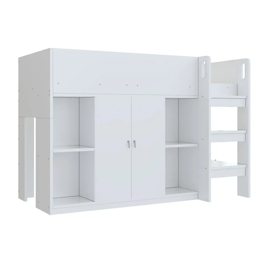 Redom Lit superposé 90x200 cm avec armoire et étagères intégrées, échelle incluse, structure en bois massif blanc et gris