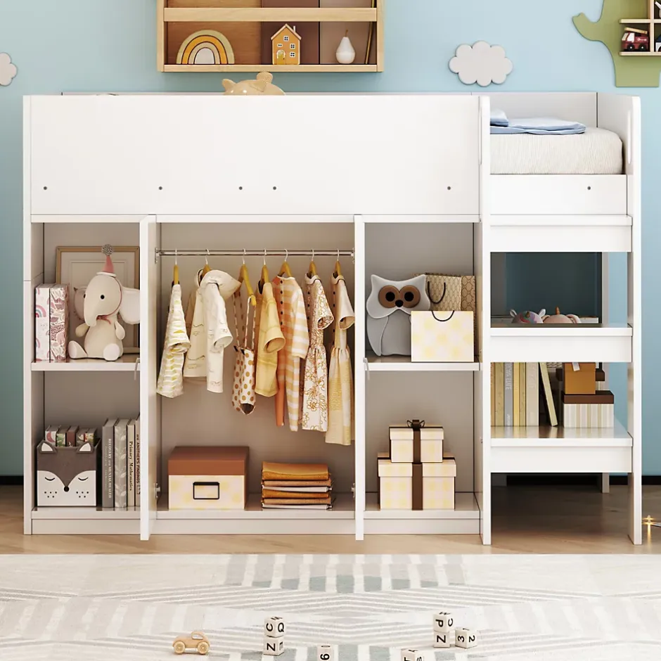 Redom Lit superposé 90x200 cm avec armoire et étagères intégrées, échelle incluse, structure en bois massif blanc et gris