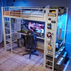 Redom Lit superposé 90x200 cm avec bureau intégré, 4 tiroirs, étagères et LED multicolore, structure métal blanc Discount