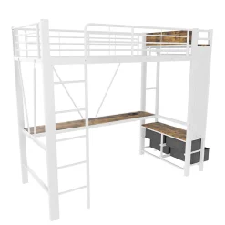 Redom Lit superposé 90x200 cm avec bureau intégré, 4 tiroirs, étagères et LED multicolore, structure métal blanc Discount