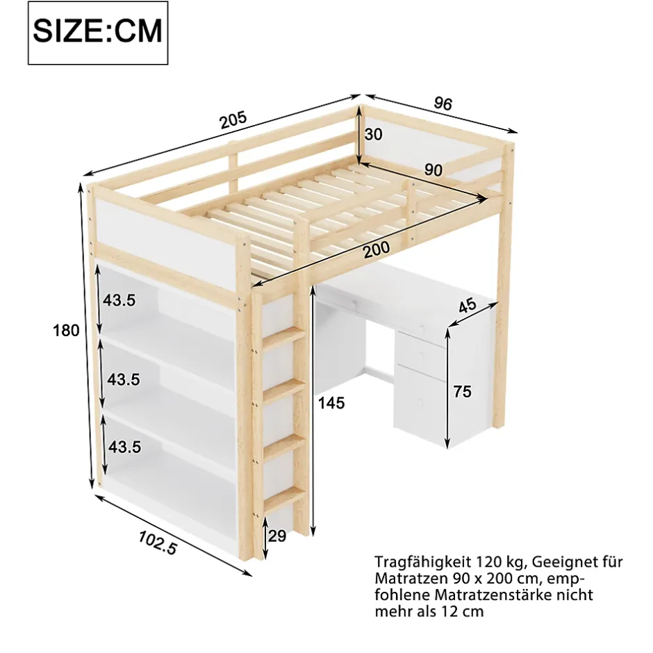 Redom Lit superposé 90x200 cm avec bureau modulable et armoire de rangement en bois naturel Hot