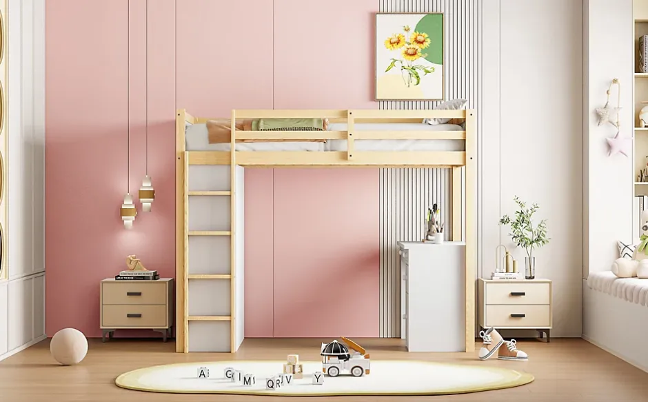 Redom Lit superposé 90x200 cm avec bureau modulable et armoire de rangement en bois naturel Hot
