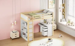 Redom Lit superposé 90x200 cm avec bureau modulable et armoire de rangement en bois naturel Hot