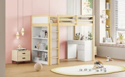 Redom Lit superposé 90x200 cm avec bureau modulable et armoire de rangement en bois naturel Hot