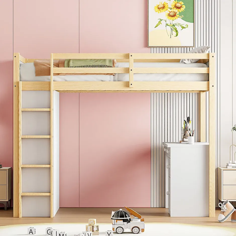 Redom Lit superposé 90x200 cm avec bureau modulable et armoire de rangement en bois naturel Hot