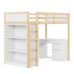 Redom Lit superposé 90x200 cm avec bureau modulable et armoire de rangement en bois naturel Hot