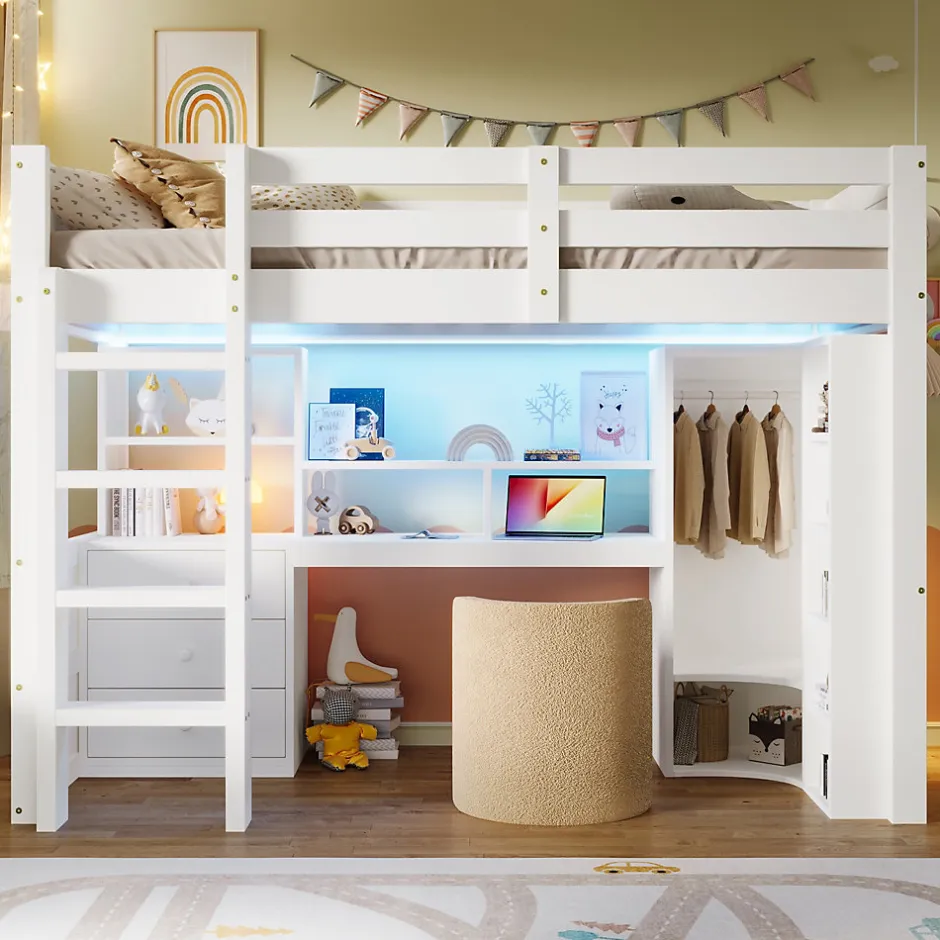 Enfant Redom Lit superposé 90x200 cm avec bureau intégré et armoire intégrée en pin massif blanc