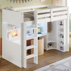 Enfant Redom Lit superposé 90x200 cm avec bureau intégré et armoire intégrée en pin massif blanc