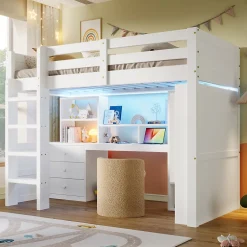 Enfant Redom Lit superposé 90x200 cm avec bureau intégré et armoire intégrée en pin massif blanc