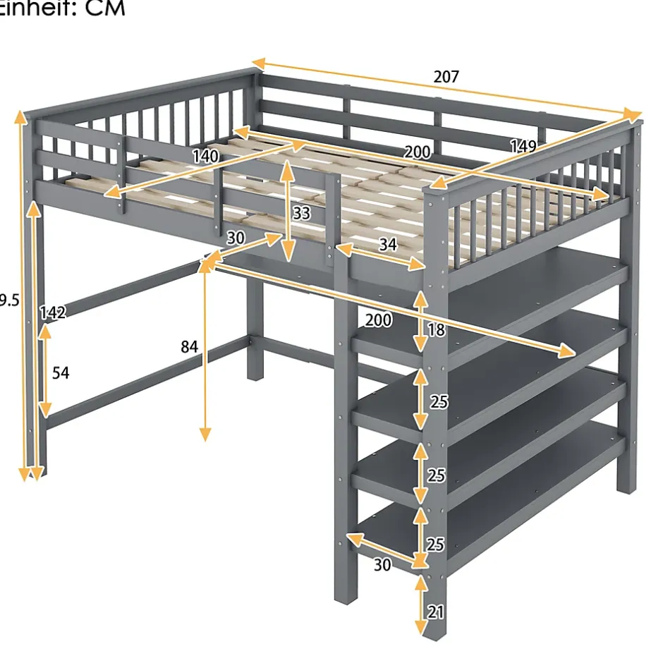 Redom Lit superposé 140x200 cm avec bureau intégré et étagères en pin massif et MDF, finition grise, gain de place Sale