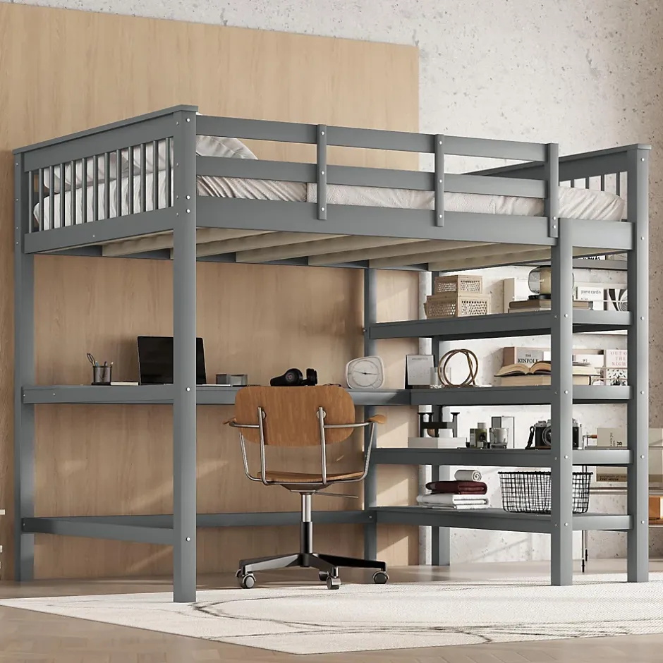 Redom Lit superposé 140x200 cm avec bureau intégré et étagères en pin massif et MDF, finition grise, gain de place Sale