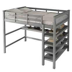 Redom Lit superposé 140x200 cm avec bureau intégré et étagères en pin massif et MDF, finition grise, gain de place Sale