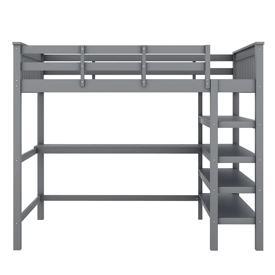 Redom Lit superposé 140x200 cm avec bureau intégré et étagères en pin massif et MDF, finition grise, gain de place Sale