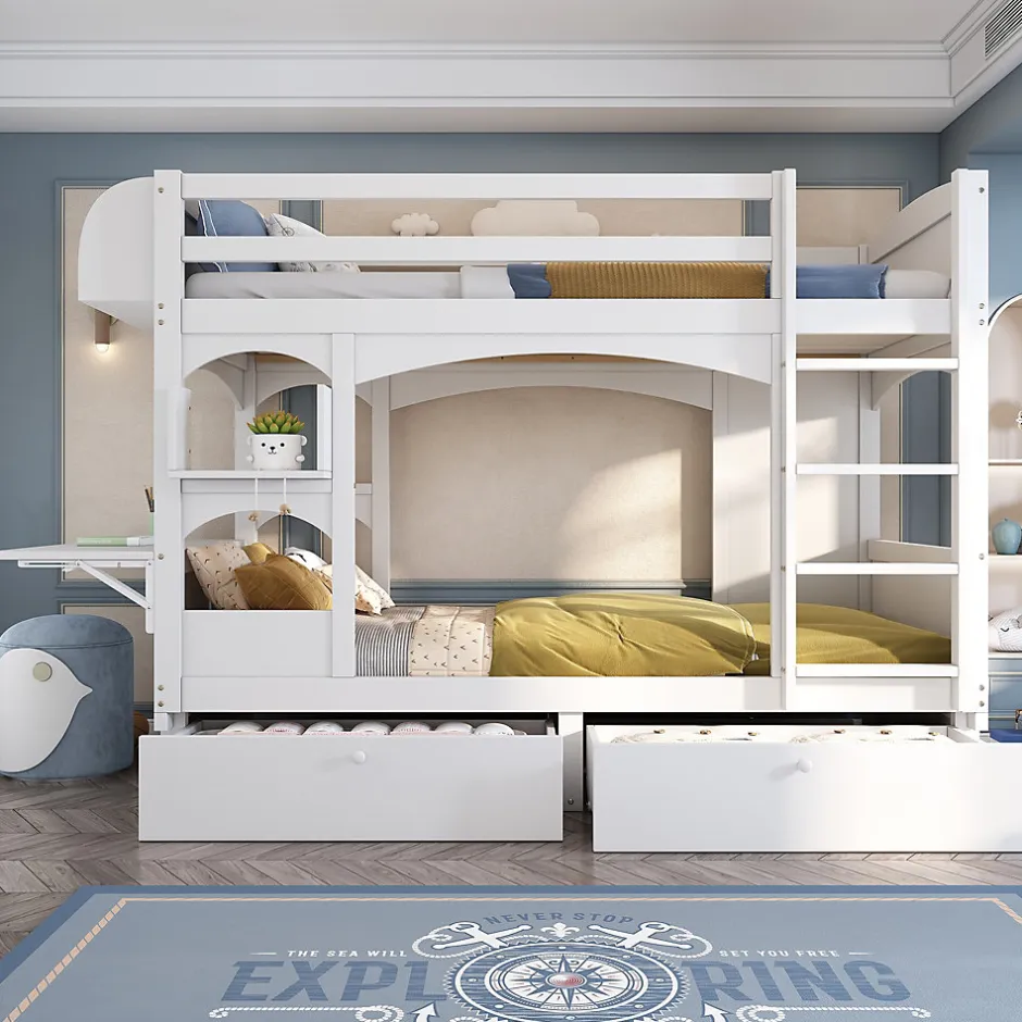 Enfant Redom Lit superposé 90x200 cm avec bureau rabattable, 2 tiroirs et sommier à lattes, structure bois massif