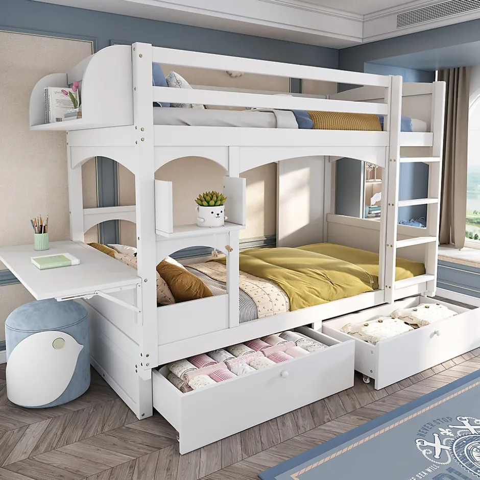 Enfant Redom Lit superposé 90x200 cm avec bureau rabattable, 2 tiroirs et sommier à lattes, structure bois massif