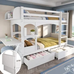 Enfant Redom Lit superposé 90x200 cm avec bureau rabattable, 2 tiroirs et sommier à lattes, structure bois massif