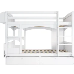 Enfant Redom Lit superposé 90x200 cm avec bureau rabattable, 2 tiroirs et sommier à lattes, structure bois massif