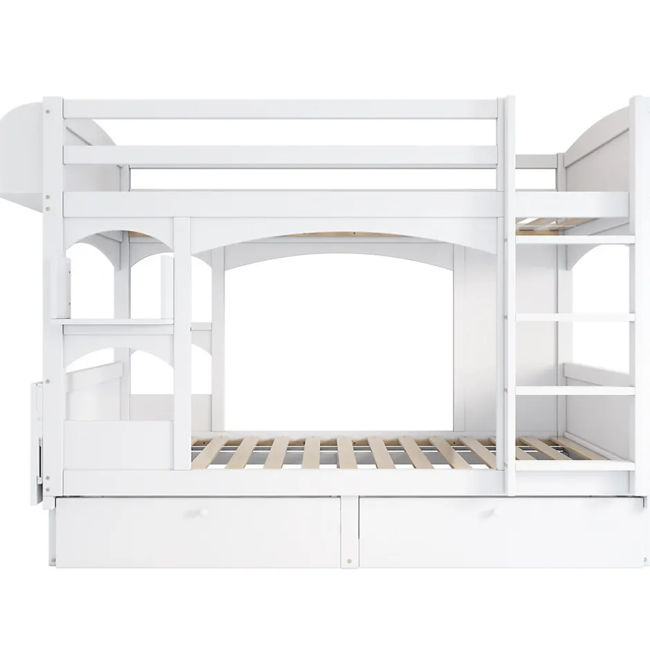 Enfant Redom Lit superposé 90x200 cm avec bureau rabattable, 2 tiroirs et sommier à lattes, structure bois massif