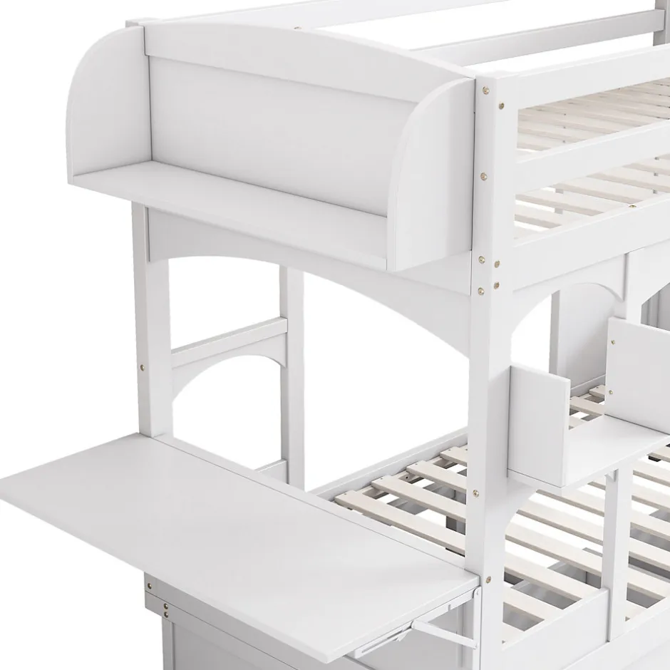 Enfant Redom Lit superposé 90x200 cm avec bureau rabattable, 2 tiroirs et sommier à lattes, structure bois massif