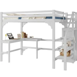 Redom Lit superposé 140x200 cm avec bureau en L et escalier à rangement, structure pin et MDF, minimaliste blanc Best