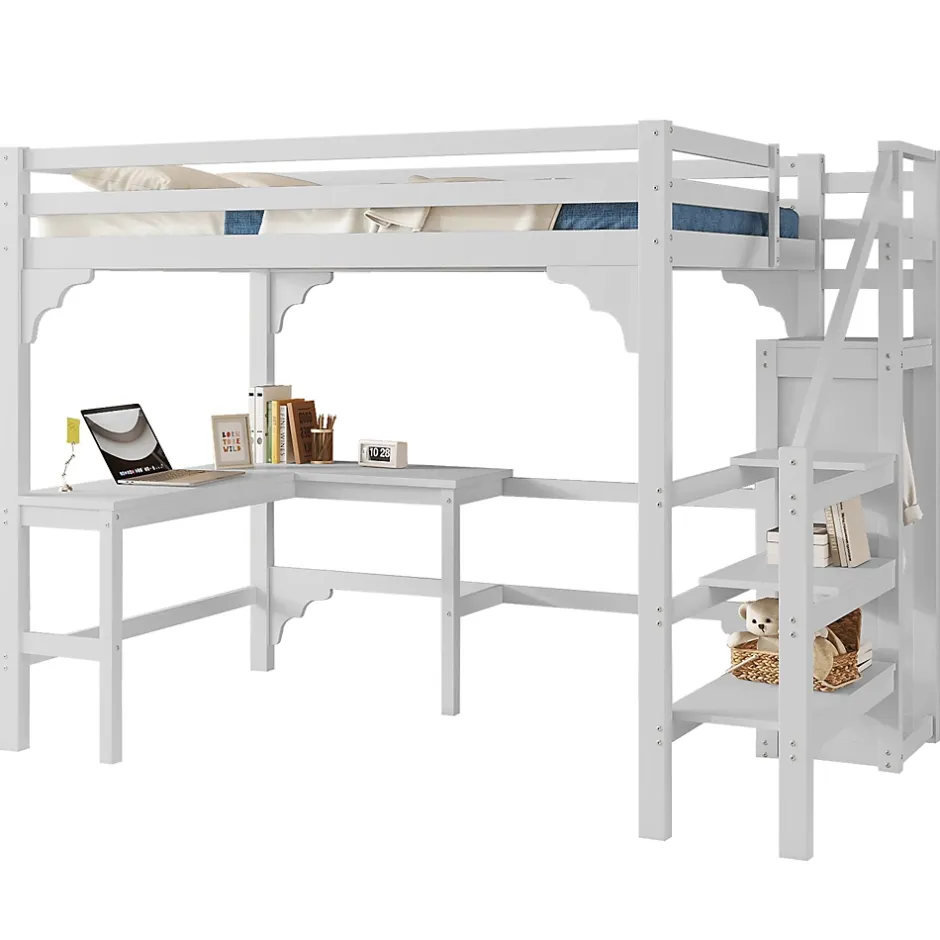 Redom Lit superposé 140x200 cm avec bureau en L et escalier à rangement, structure pin et MDF, minimaliste blanc Best
