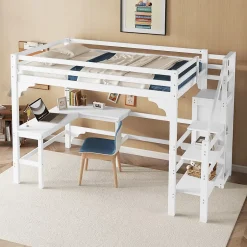 Redom Lit superposé 140x200 cm avec bureau en L et escalier à rangement, structure pin et MDF, minimaliste blanc Best